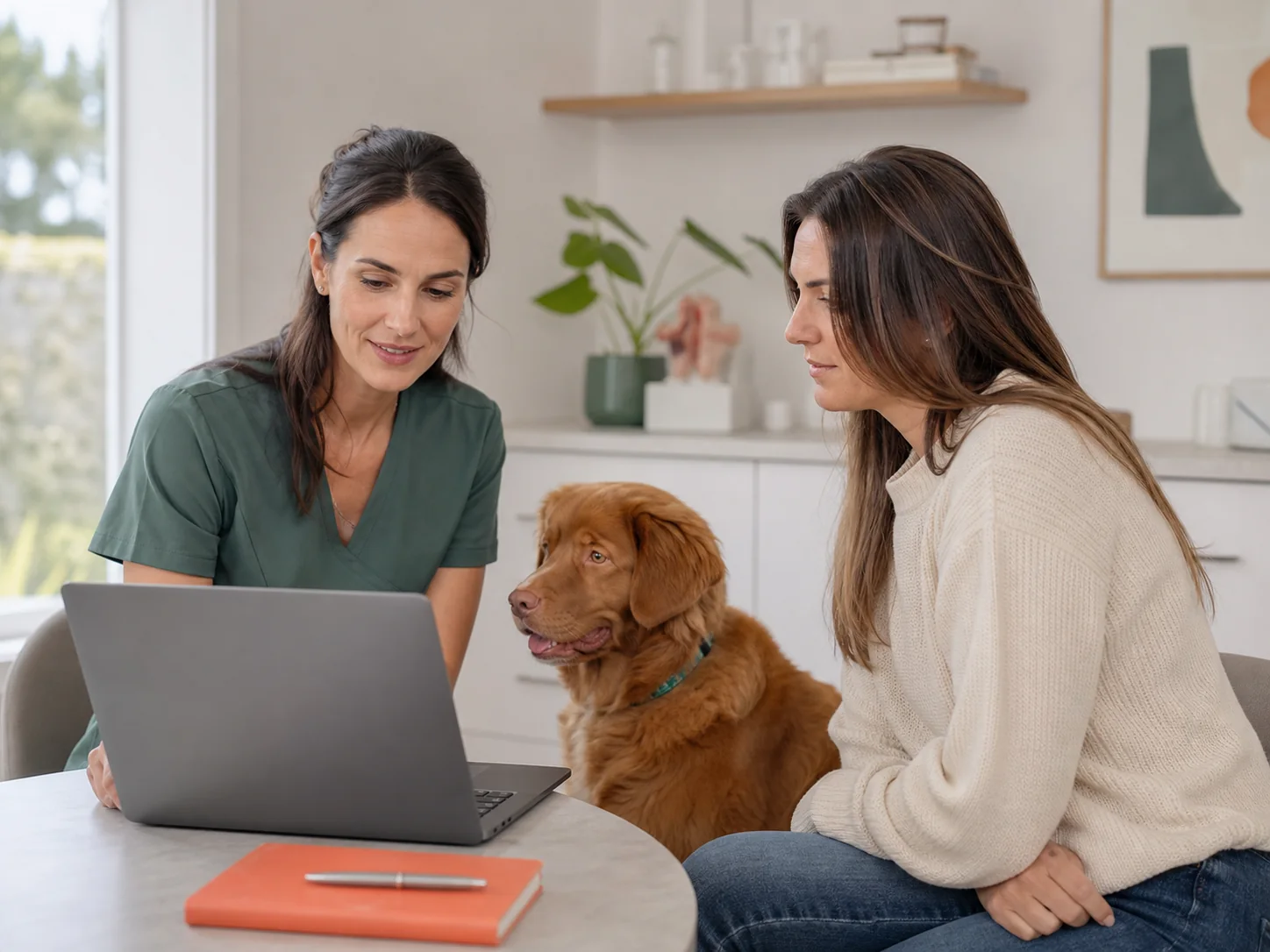 Profissional veterinária a rever informação partilhada pela tutora de um cão